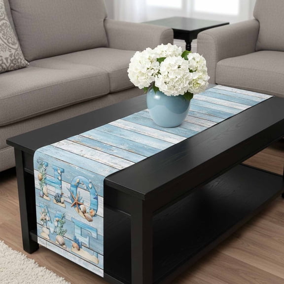 Table Runner Summer Ocean Beach Shell Home Quote Dresser Scarves 13x36 Inch,Linen Table Runners Farm Blue Wood Board Tablerunner for Home Dining Indoor Outdoor Wedding Party Tabletop Decor