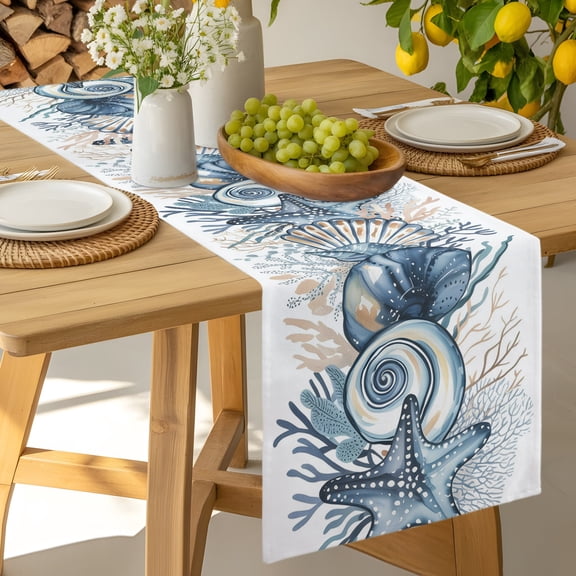 Table Runner Summer Ocean Coral Seagrass Dresser Scarves 13x36 Inch,Linen Table Runners Abstract Conch Shell Tablerunner for Home Dining Indoor Outdoor Wedding Party Tabletop Decor