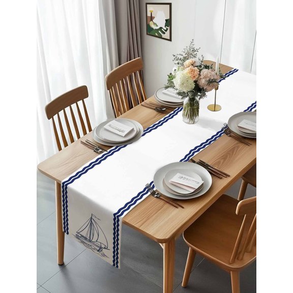 Table Runner Summer Ocean Nautical Sailboat Dresser Scarves 13x72 Inch,Linen Table Runners Marine Theme Navy Blue Stripe Tablerunner for Home Dining Indoor Outdoor Wedding Party Tabletop Decor