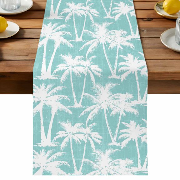 Table Runner Summer Palm Tree Table Runners Aqua Tropical Leaves Plant Cotton Linen Dresser Scarf Kitchen Dining Table Decor for Holiday Party Decor 13x36 Inch