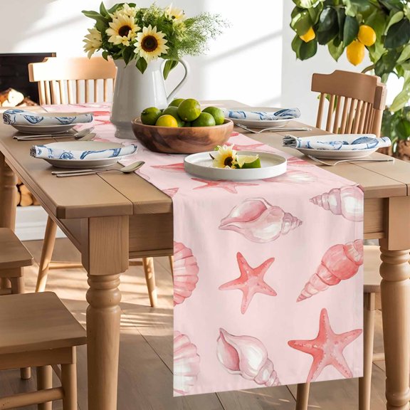 Table Runner Summer Pink Conch Shell Starfish Dresser Scarves 13x70 Inch,Linen Table Runners Coastal Ocean Creature Tablerunner for Home Dining Indoor Outdoor Wedding Party Tabletop Decor