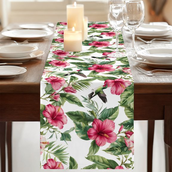 Table Runner,Summer Pink Hibiscus Hummingbirds Kitchen Dining Table Runners Tabletop Decorations Tropical Flower Bird Tablerunner Dresser Scarves for Home Party Wedding Birthday Decor,13x72in