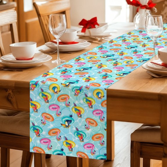 Table Runner Summer Pool Float Swim Rings Dresser Scarves 13x36 Inch,Linen Table Runners Tropical Flamingo Birds Tablerunner for Home Dining Indoor Outdoor Wedding Party Tabletop Decor