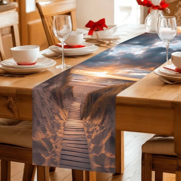 Table Runner Summer Seaside Beach Sunset Boardwalk Dresser Scarves 13x36 Inch,Linen Table Runners Ocean Water Tablerunner for Home Dining Indoor Outdoor Wedding Party Tabletop Decor