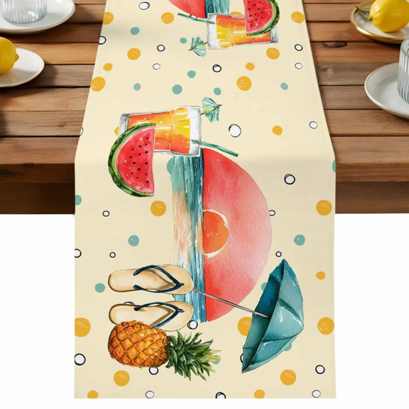 Table Runner Summer Seaside Sunset Decorative Table Runner for Kitchen Tropical Fruit Beach Umbrella Yellow Dinning Runner for Party Wedding Holiday Indoor Outdoor 13x72inch