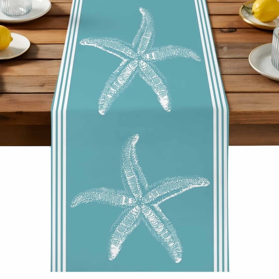 Table Runner Summer Tropical Coastal Decorative Table Runner for Kitchen Nautical Teal Sea Starfish Stripe Dinning Runner for Party Wedding Holiday Indoor Outdoor 13x36inch