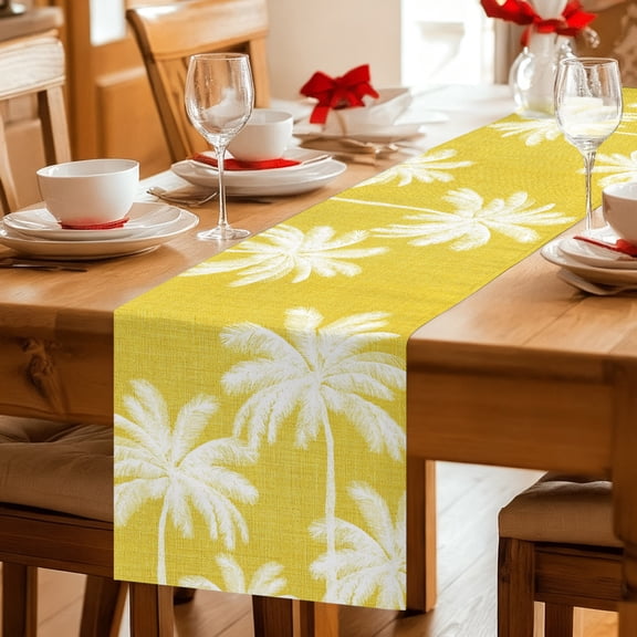 Table Runner Summer Tropical Palm Trees Dresser Scarves 13x36 Inch,Linen Table Runners Coastal Botanical on Yellow Linen Tablerunner for Home Dining Indoor Outdoor Wedding Party Tabletop Decor
