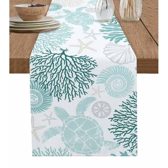 Table Runner Summer Turquoise Coastal Ocean Sea Turtle Coral Seashell Table Runners Dresser Scarves Holiday Kitchen Dining Table Decoration for Home Party Indoor 13x72 Inch