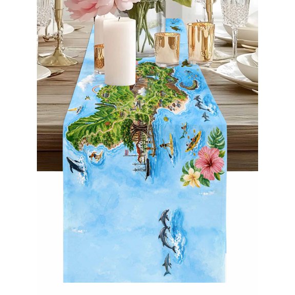 Table Runner Summer Volcano Island Table Runners Tropical Coastal Whale Cotton Linen Dresser Scarf Kitchen Dining Table Decor for Holiday Party Home Decor 13x36 Inch