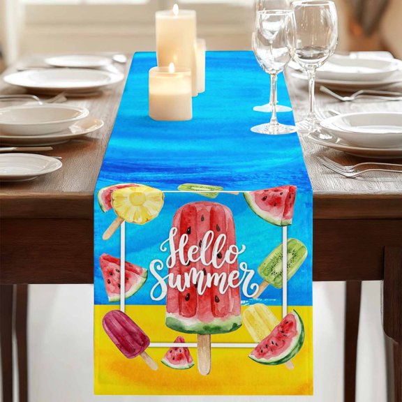 Table Runner,Summer Watercolor Fruit Ice-lolly Kitchen Dining Table Runners Tabletop Decorations Watermelon Pineapple Kiwi Tablerunner Dresser Scarves for Home Party Wedding Birthday Decor,13x72in