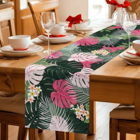 Table Runner Summer Watercolor Pink Green Leaf Dresser Scarves 13x36 Inch,Linen Table Runners Tropical Flower Leaves Plant Tablerunner for Home Dining Indoor Outdoor Wedding Party Tabletop Decor