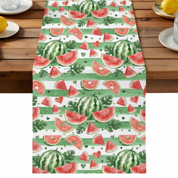 Table Runner Summer Watermelon Decorative Table Runner for Kitchen Country Watercolor Fruits Green Stripes Dinning Runner for Party Wedding Holiday Indoor Outdoor 13x72inch