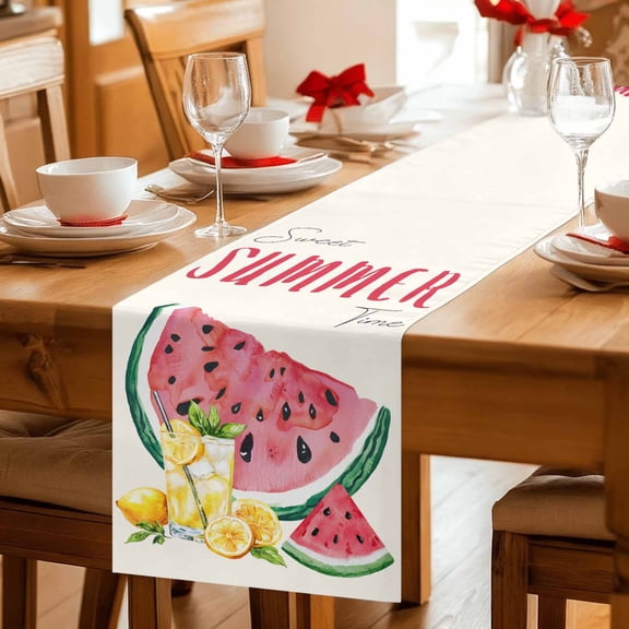 Table Runner Summer Watermelon Lemon Juice Dresser Scarves 13x36 Inch,Linen Table Runners Retro Watercolor Rustic Fruits Tablerunner for Home Dining Indoor Outdoor Wedding Party Tabletop Decor