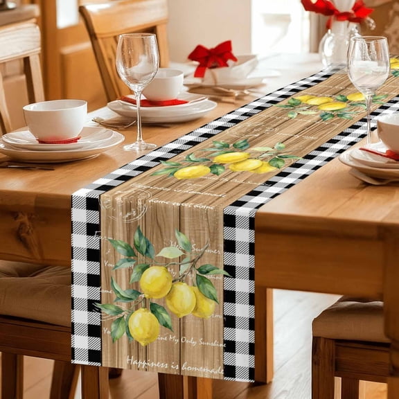 Table Runner Summer Yellow Lemon Green Leaf Dresser Scarves 13x36 Inch,Linen Table Runners Rustic Wood Board Checkered Tablerunner for Home Dining Indoor Outdoor Wedding Party Tabletop Decor