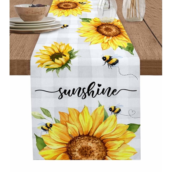 Table Runner Sunflower Bees Table Decoration for Kitchen Dinning Grey Buffalo Check Plaid Table Decoration for Indoor Outdoor Party Wedding Decor 13x72inch
