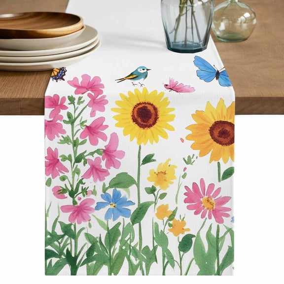 Table Runner Sunflower Butterfly Bird Soft Linen Style Table Runner Cloth Watercolor Flower Dining Table Decor for Kitchen, Dining Room, Parties, Holiday & Everyday Use 13x72 Inch