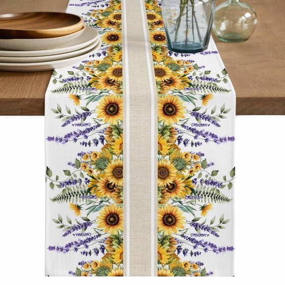 Table Runner Sunflower Lavender Soft Linen Style Table Runner Cloth Wildflowers Leaves Dining Table Decor for Kitchen, Dining Room, Parties, Holiday & Everyday Use 13x36 Inch