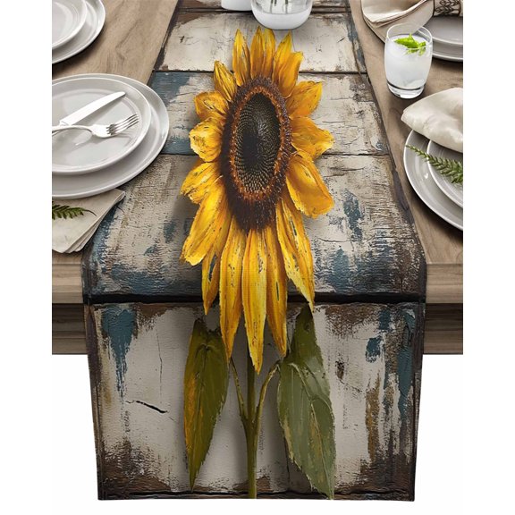 Table Runner Sunflower Leaf Table Decoration for Kitchen Dinning Retro Wood Grain Table Decoration for Indoor Outdoor Party Wedding Decor 13x72inch
