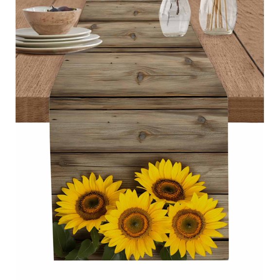 Table Runner Sunflower Leaves Table Decoration for Kitchen Dinning Flowers Wood Background Table Decoration for Indoor Outdoor Party Wedding Decor 13x72 Inch
