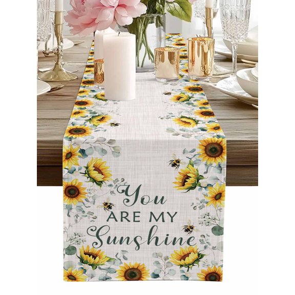 Table Runner Sunflower Sunshine Table Runners Bee Floral Eucalyptus Leaves Linen Cotton Linen Dresser Scarf Kitchen Dining Table Decor for Home Dinner Party Decor 13x90 Inch