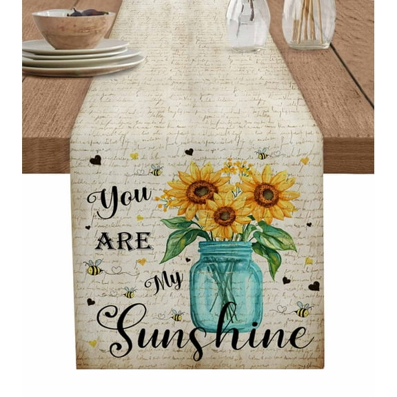 Table Runner Sunflower Teal Vase Table Decoration for Kitchen Dinning My Sunshine Vintage Table Decoration for Indoor Outdoor Party Wedding Decor 13x90 Inch