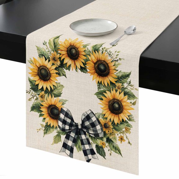 Table Runner Sunflower Wreath Bow Decorative Dining Table Runner Retro Linen Background Kitchen Table Decoration for Home, Holiday and Party Use 13x36 Inch