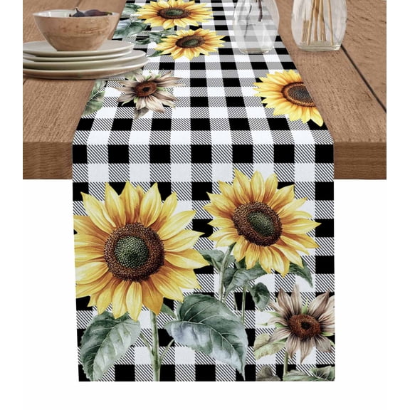Table Runner Sunflowers Table Decoration for Kitchen Dinning Black Buffalo Plaid Table Decoration for Indoor Outdoor Party Wedding Decor 13x72 Inch