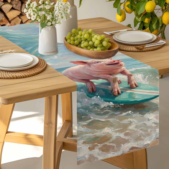 Table Runner Surfing Farm Pink Pig Dresser Scarves 13x36 Inch,Linen Table Runners Summer Blue Sea Wave Beach Tablerunner for Home Dining Indoor Outdoor Wedding Party Tabletop Decor