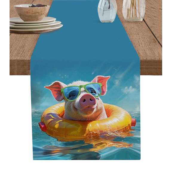 Table Runner Swim Sunglasses Pig Table Decoration for Kitchen Dinning Summer Beach Table Decoration for Indoor Outdoor Party Wedding Decor 13x90inch