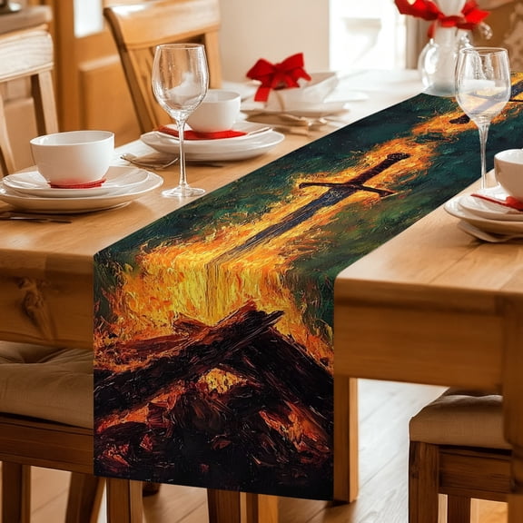 Table Runner Sword in Fire Dresser Scarves 13x36 Inch,Linen Table Runners Burning Wood Art Tablerunner for Home Dining Indoor Outdoor Wedding Party Tabletop Decor