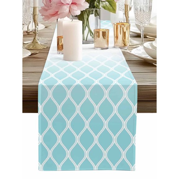 Table Runner Teal Blue Geometric Table Runners Ombre Lines Rhombus Pattern Cotton Linen Dresser Scarf Kitchen Dining Table Decor for Home Dinner Party Decor 13x72 Inch