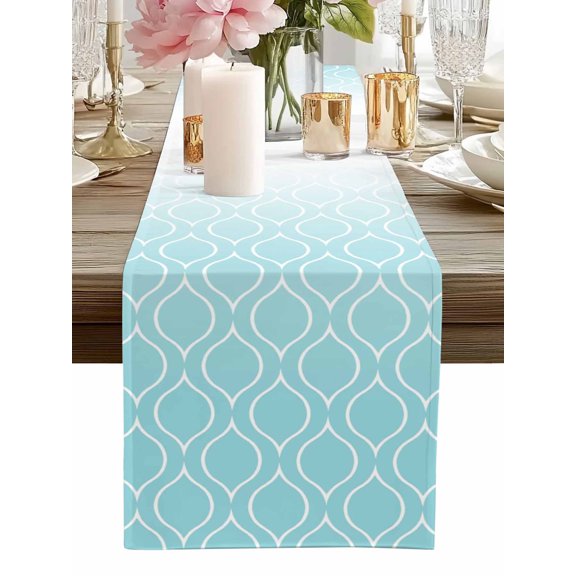 Table Runner Teal Blue Morocco Table Runners Ombre Geometric Lines Pattern Cotton Linen Dresser Scarf Kitchen Dining Table Decor for Home Dinner Party Decor 13x36 Inch