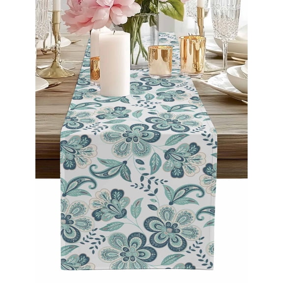 Table Runner Teal Blue Paisley Pattern Table Runners Boho Abstract Floral Cotton Linen Dresser Scarf Kitchen Dining Table Decor for Home Dinner Party Decor 13x36 Inch