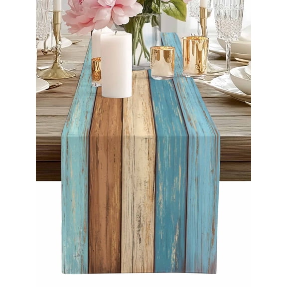 Table Runner Teal Blue Wood Grain Table Runners Rustic Retro Brown Wooden Cotton Linen Dresser Scarf Kitchen Dining Table Decor for Home Dinner Party Decor 13x36 Inch