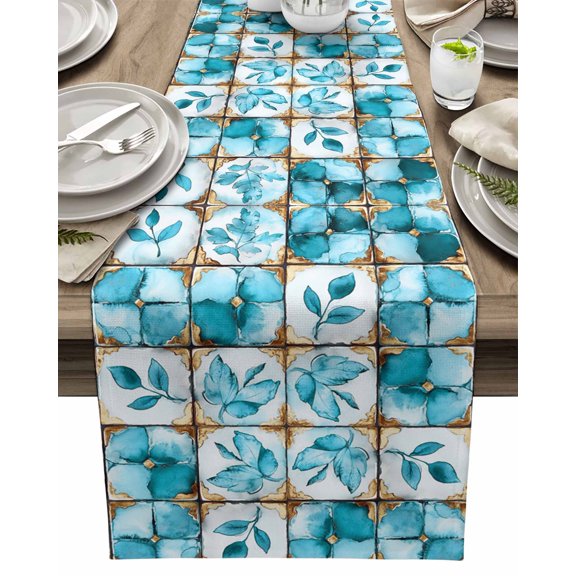 Table Runner Teal Floral Leaves Table Decoration for Kitchen Dinning Ethnic Style Lattice Table Decoration for Indoor Outdoor Party Wedding Decor 13x72inch