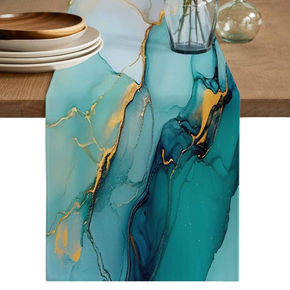 Table Runner Teal Green Abstract Marble Soft Linen Style Table Runner Cloth Modern Art Dining Table Decor for Kitchen, Dining Room, Parties, Holiday & Everyday Use 13x36 Inch