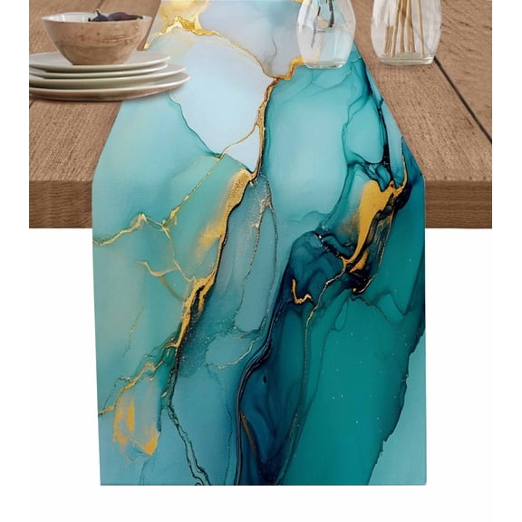 Table Runner Teal Green Abstract Marble Table Decoration for Kitchen Dinning Modern Art Table Decoration for Indoor Outdoor Party Wedding Decor 13x90inch