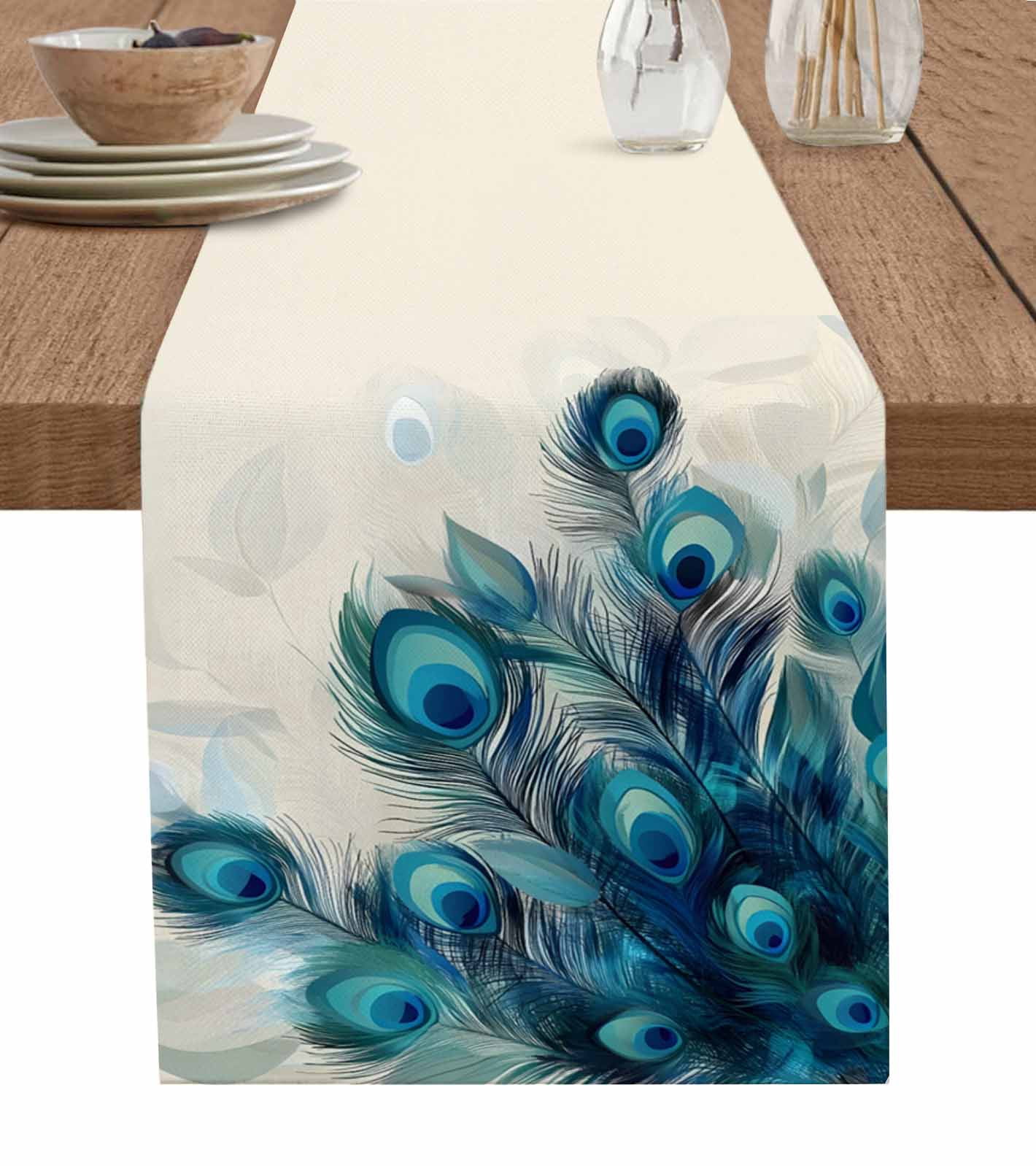 Table Runner Teal Peacock Feather Table Decoration for Kitchen Dinning Green Table Decoration for Indoor Outdoor Party Wedding Decor 13x90 Inch