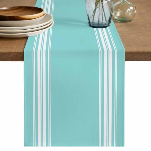 Table Runner Teal Stripes Soft Linen Style Table Runner Cloth French Stripe Farmhouse Style Dining Table Decor for Kitchen, Dining Room, Parties, Holiday & Everyday Use 13x36 Inch