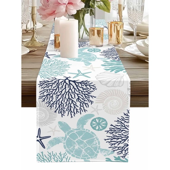 Table Runner Teal Turtle Table Runners Coral Starfish Shell Cotton Linen Dresser Scarf Kitchen Dining Table Decor for Home Dinner Party Decor 13x36 Inch