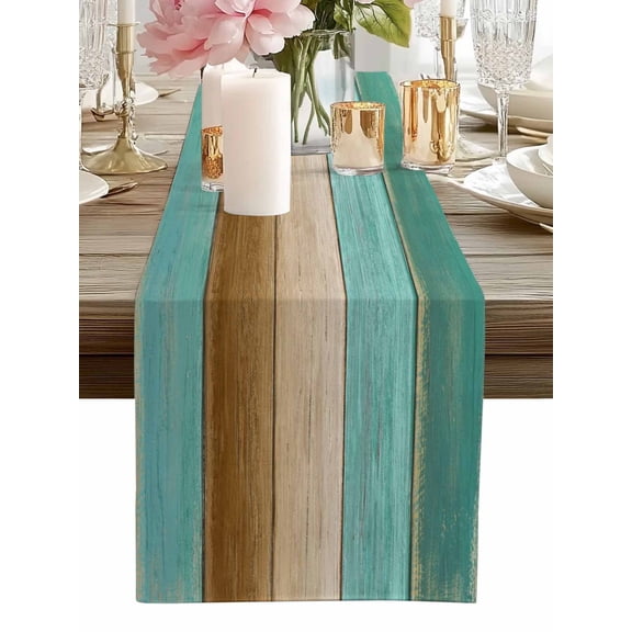 Table Runner Teal Wood Grain Table Runners Brown Wooden Plank Cotton Linen Dresser Scarf Kitchen Dining Table Decor for Home Dinner Party Decor 13x36 Inch
