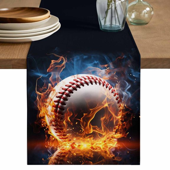 Table Runner Technological Baseball Style Soft Linen Style Table Runner Cloth Blaze Fire Flame Dining Table Decor for Kitchen, Dining Room, Parties, Holiday & Everyday Use 13x36 Inch