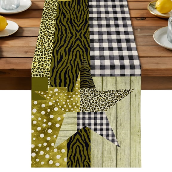 Table Runner Texas Star Decorative Table Runner for Kitchen Yellow Green Farmhouse Collage Leopard Wood Dinning Runner for Party Wedding Holiday Indoor Outdoor 13x36inch