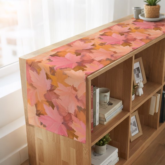 Table Runner Thanksgiving Pink Maple Leaves Dresser Scarves 13x36 Inch,Linen Table Runners Oil Style Autumn Leaf Tablerunner for Home Dining Indoor Outdoor Wedding Party Tabletop Decor
