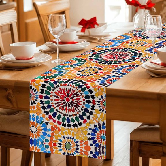 Table Runner Traditional Colourful Moroccan Wall Tile Mosaic Back Dresser Scarves 13x36 Inch,Linen Table Runners Bohemian Style Tablerunner for Home Dining Indoor Outdoor Wedding Party Tabletop Decor