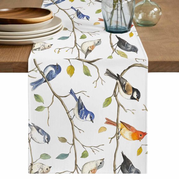 Table Runner Tree Bird Soft Linen Style Table Runner Cloth Branch Leaf Dining Table Decor for Kitchen, Dining Room, Parties, Holiday & Everyday Use 13x36 Inch