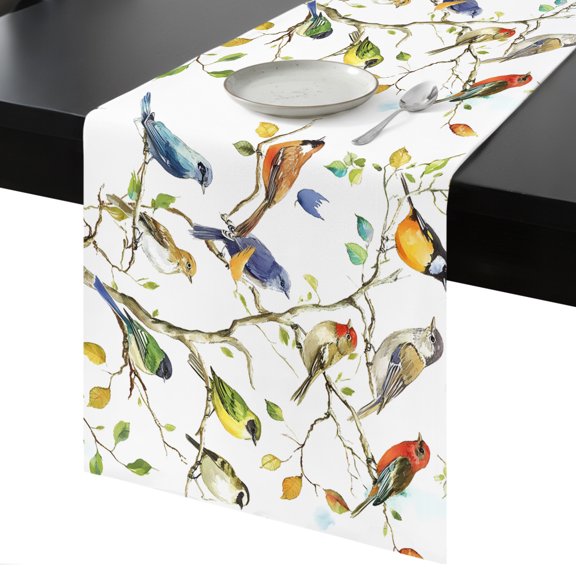 Table Runner Tree Branch Leaf Decorative Dining Table Runner Watercolor Birds Kitchen Table Decoration for Home, Holiday and Party Use 13x36 Inch