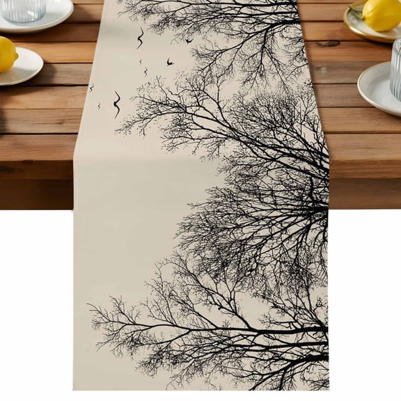 Table Runner Tree Branches Bird Table Runners Black Twigs Deadwood Linen Cotton Linen Dresser Scarf Kitchen Dining Table Decor for Holiday Party Decor 13x36 Inch