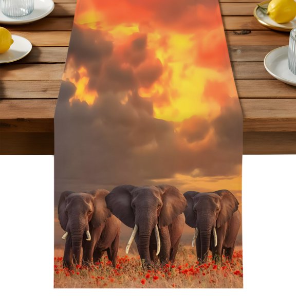 Table Runner Tropical Nature Animal Decorative Table Runner for Kitchen Rustic African Elephants Brown Gold Dinning Runner for Party Wedding Holiday Indoor Outdoor 13x36inch