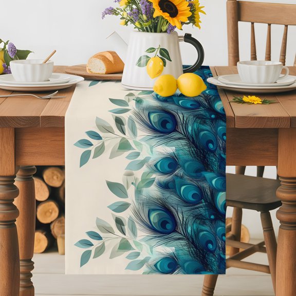 Table Runner,Tropical Peacock Feathers Kitchen Dining Table Runners Tabletop Decorations Classic Gradient Teal Pattern Tablerunner Dresser Scarves for Home Party Wedding Birthday Decor,13x90in